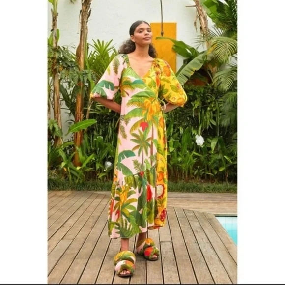 FARM Rio Midi Wrap Dress Mixed Prints Palm Tropical Fruit size Medium - Picture 1 of 12